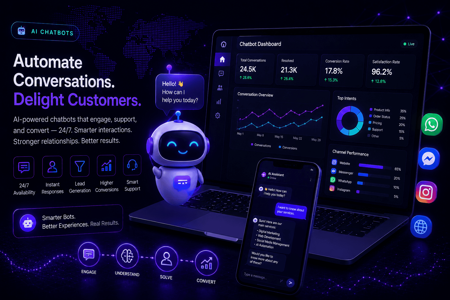 Intelligent AI chatbot interface demonstrating automated customer conversations and live web messaging for Digital Dream Weavers
