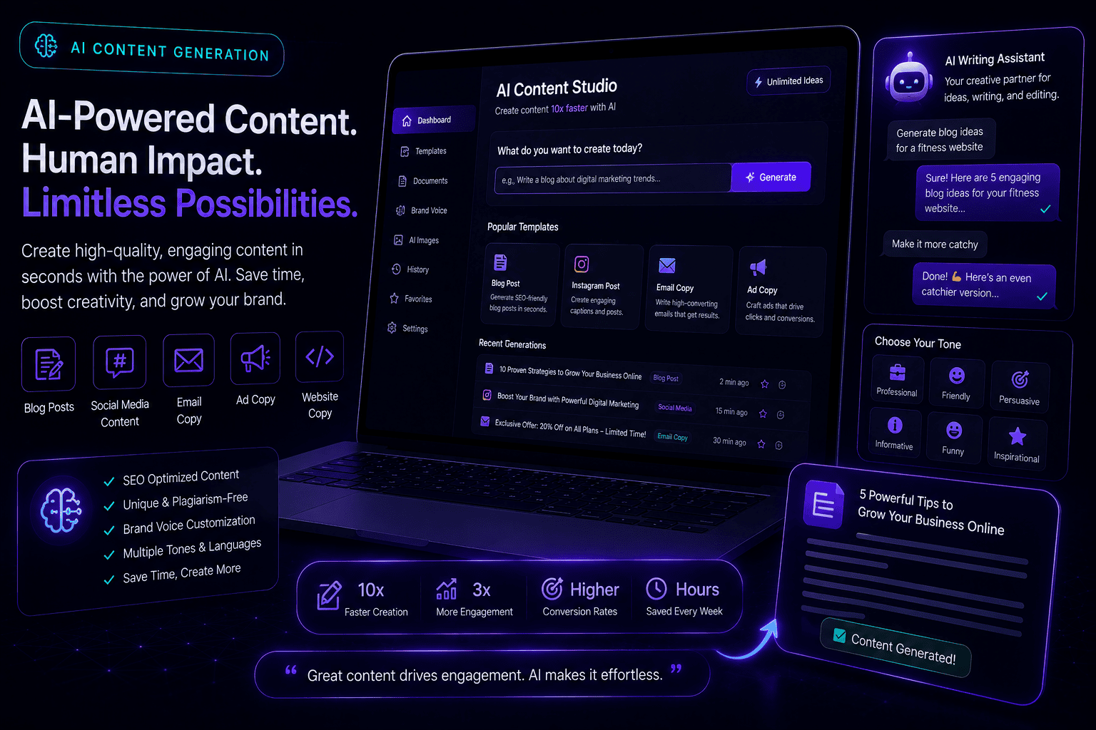 Advanced AI content generation dashboard displaying copywriting workflows and automated article creation tools for Digital Dream Weavers