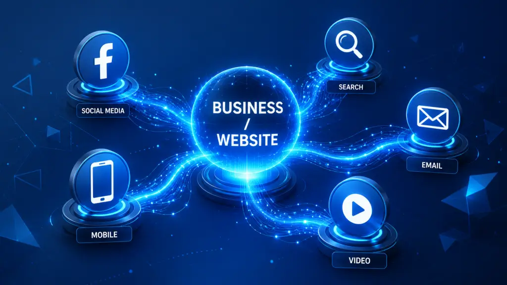 Alt Text: A bold, minimalist graphic featuring the text "DIGITAL MARKETING 2026" with abstract geometric shapes and glowing lines of light representing data flow and growth on a black background.
