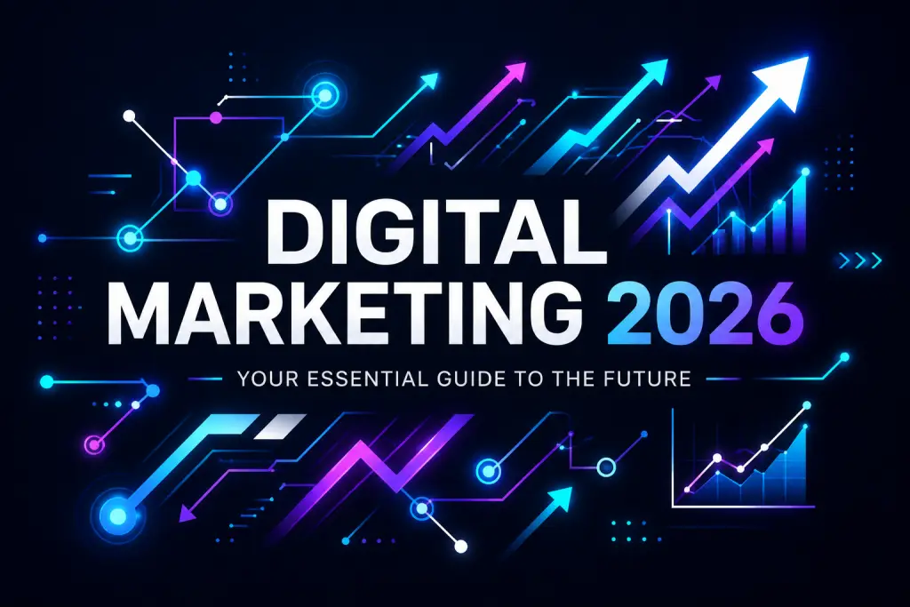 Bold minimalist graphic with the title Digital Marketing 2026, featuring glowing geometric lines and data trends on a black background.