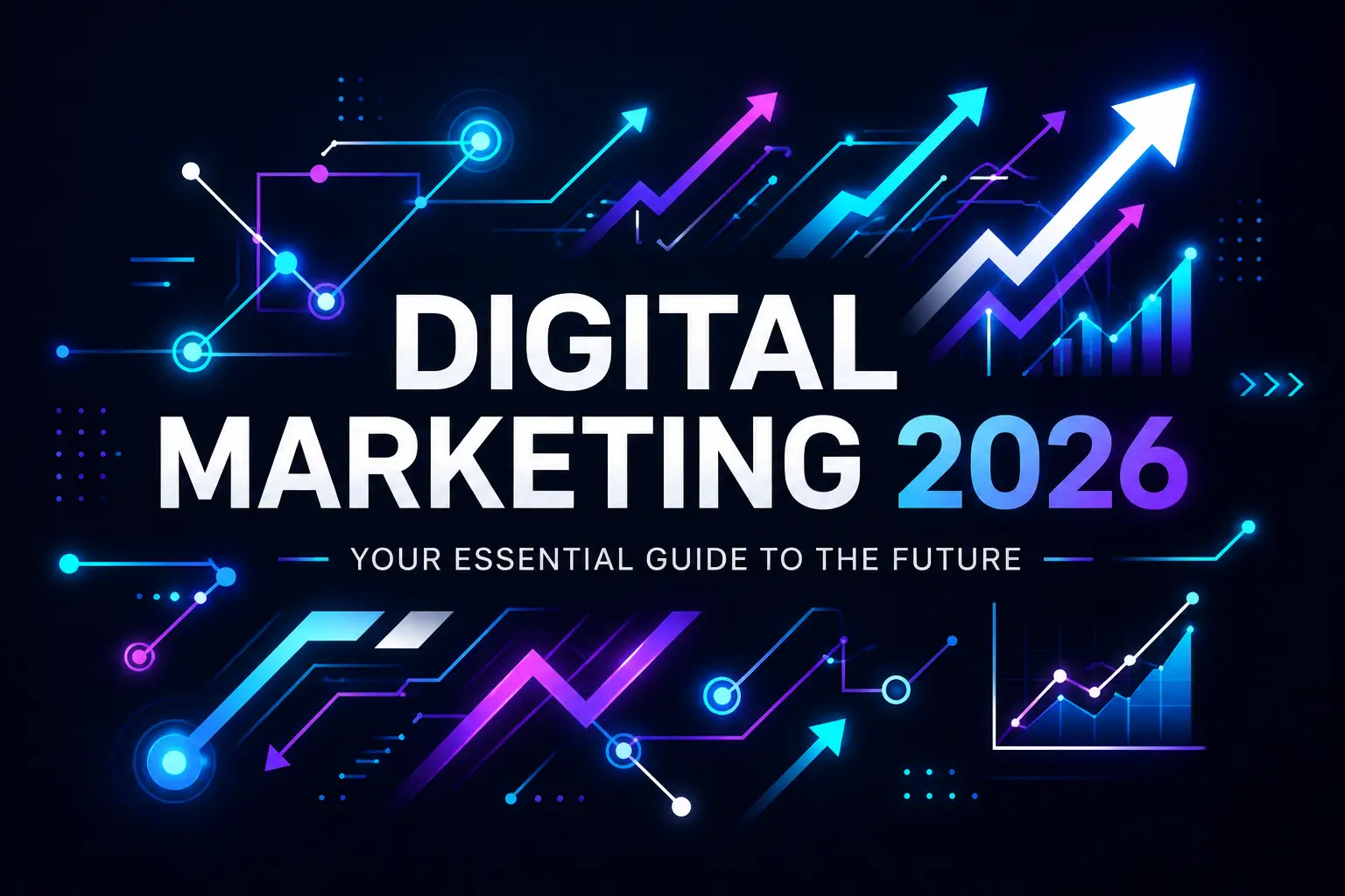 Bold minimalist graphic with the title Digital Marketing 2026, featuring glowing geometric lines and data trends on a black background.