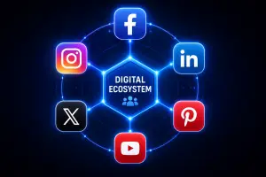 Digital marketing ecosystem graphic featuring interconnected social media platform icons like Facebook, Instagram, LinkedIn, and YouTube, symbolizing an integrated digital channel strategy.