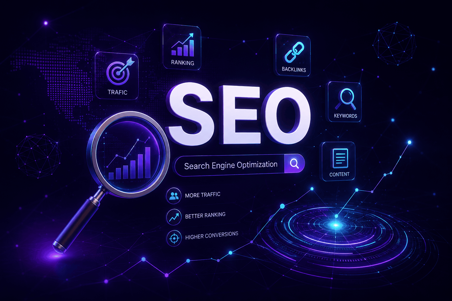 Sleek high-tech SEO analytics dashboard with glowing digital circuits and data charts for Digital Dream Weavers