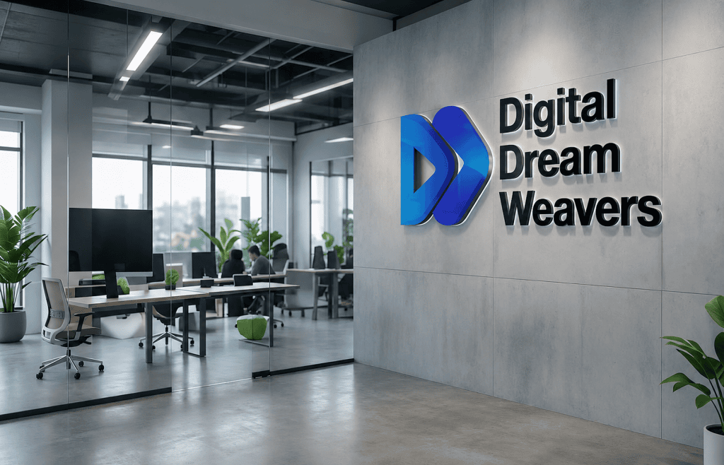 Digital Dream Weavers modern office interior showing the agency logo on the wall.