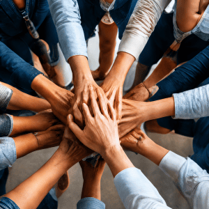 Close-up of a professional business team joining hands in a circle to symbolise unity and collaboration.