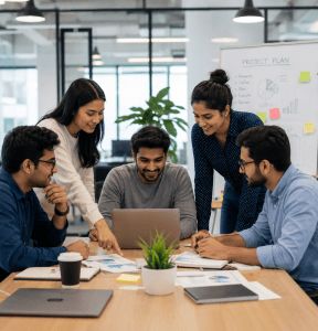 A diverse group of creative agency professionals smiling and working together at a conference table.