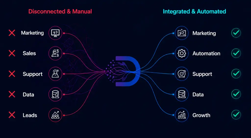 Digital Dream Weavers growth system diagram showing marketing, sales, and AI automation nodes working together.