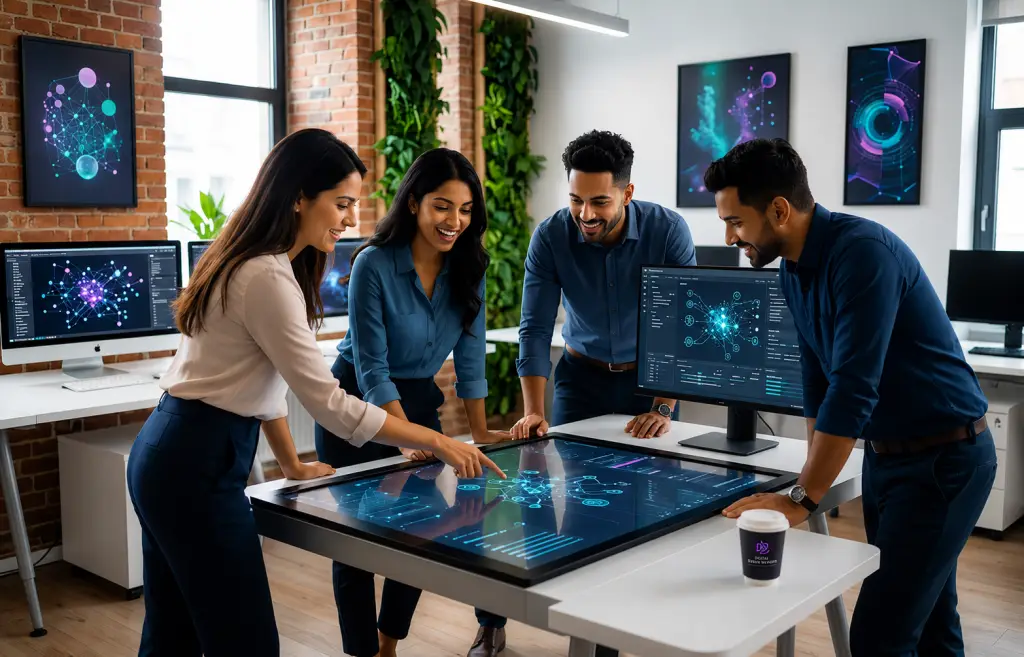 Coworkers collaborating and analyzing data around a large digital touch-screen table display in a modern office.