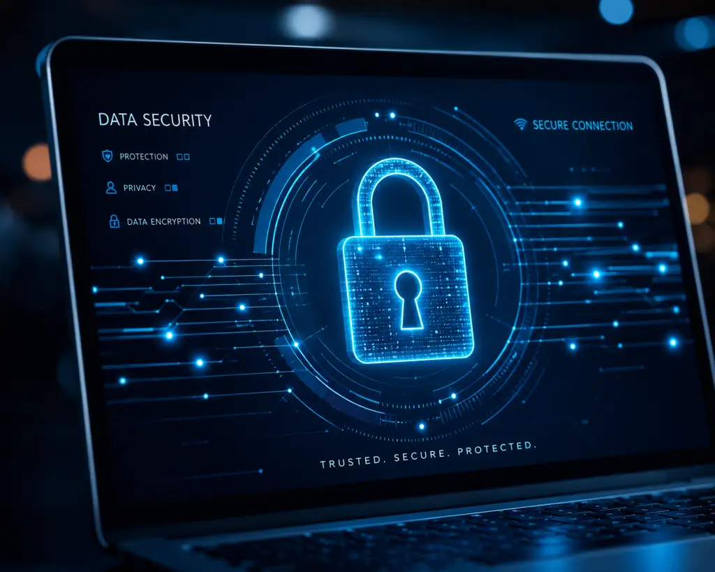 Digital Dream Weavers data security and privacy policy compliance graphics on a modern workspace screen.