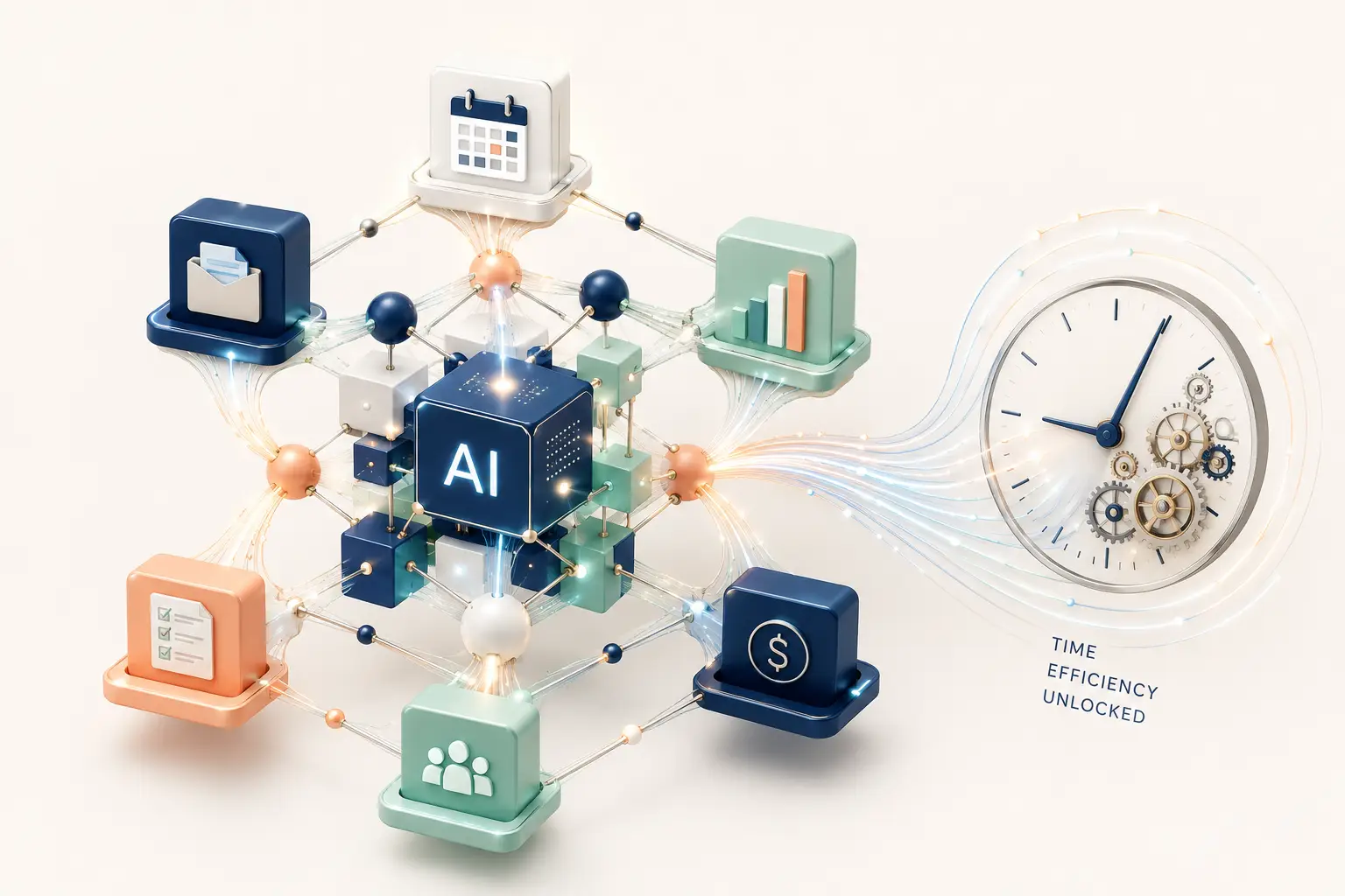 A minimalist 3D vector illustration showcasing integrated AI business tools, featuring interconnected nodes for content creation, automated workflows, and time-saving analytics.