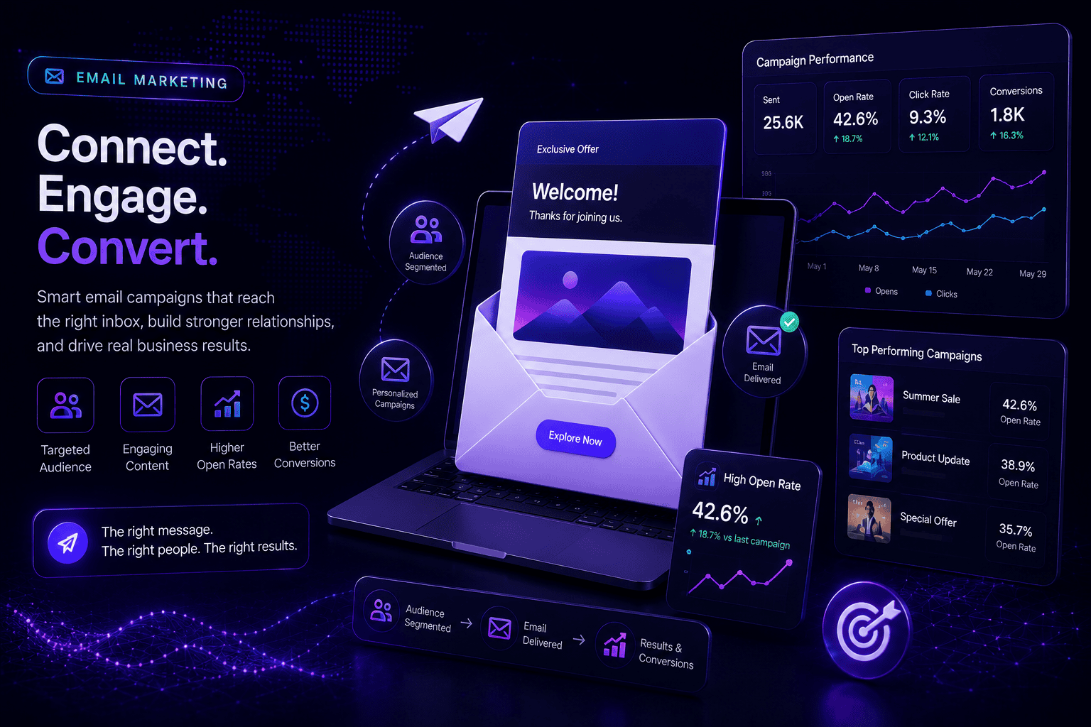 Custom email marketing automation dashboard showcasing open rates, conversion funnel analytics, and subscriber metrics for Digital Dream Weavers