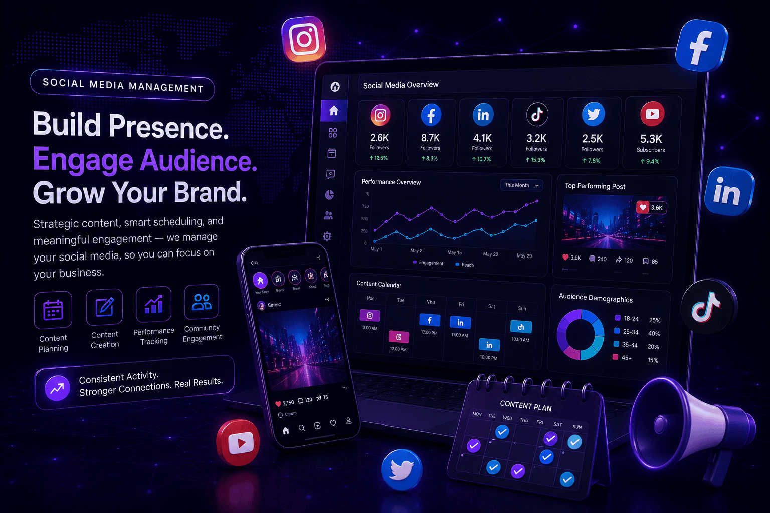 Comprehensive social media management dashboard showcasing audience growth, post engagement, and multi-channel scheduling analytics for Digital Dream Weavers