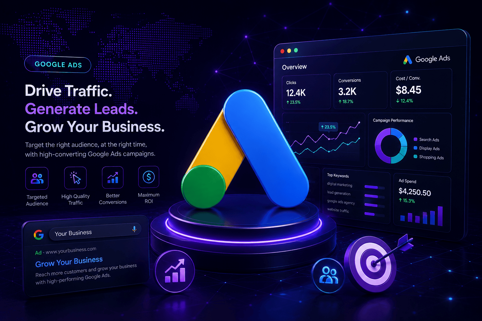 An abstract digital dashboard layout featuring a modern neon SEO concept graphic, glowing network pathways, and data visualization charts designed for the official website of Digital Dream Weavers.