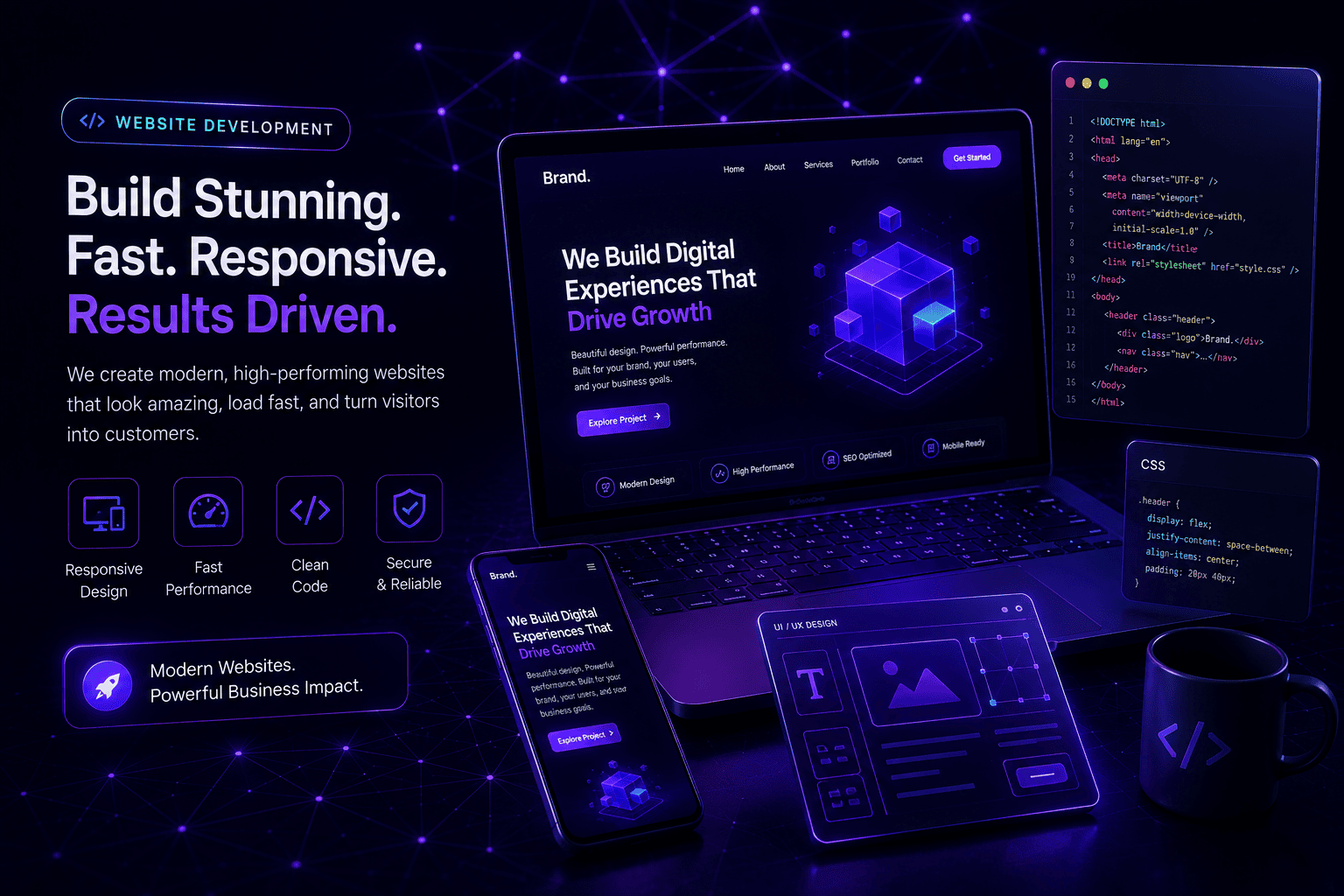 Custom web development dashboard showcasing conversion rates, site speed, and responsive layout designs for Digital Dream Weavers