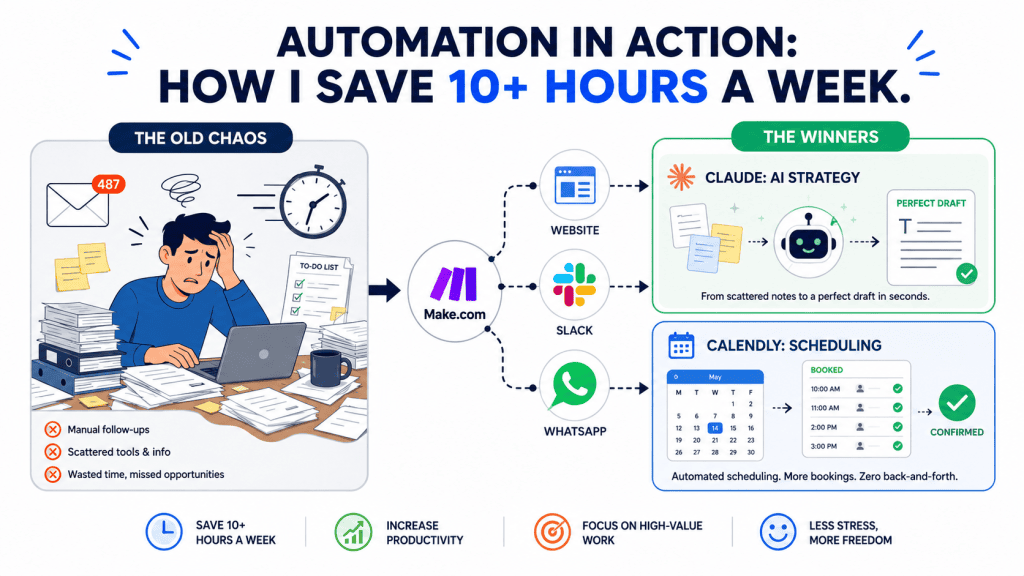 An infographic titled 'Automation in Action' showing how automation tools for business streamline lead capture and scheduling to save time.