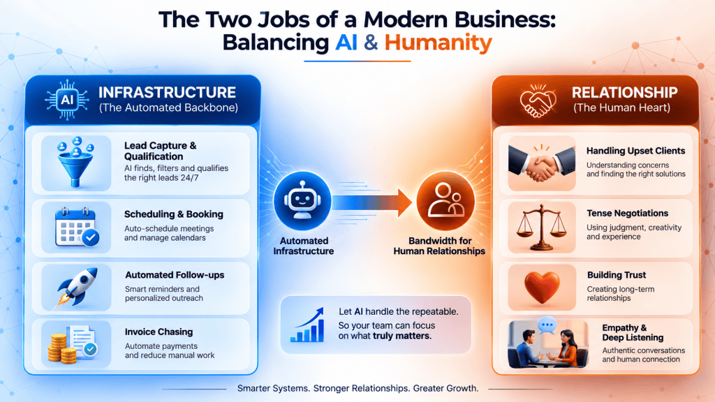 Infographic illustrating the balance between automated infrastructure and human relationships in an AI-assisted business.