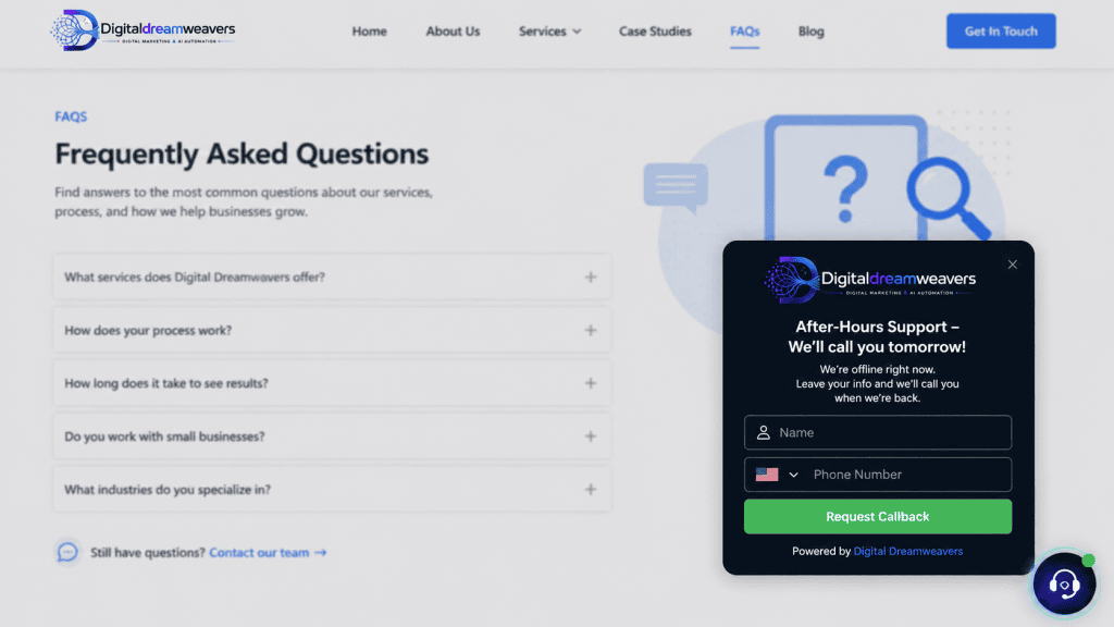Screenshot of a FAQ page showing how to implement an automated customer service form for after-hours support inquiries.