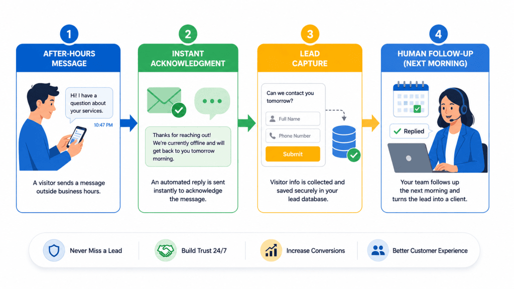 A flowchart illustrating an automated customer service workflow: a visitor sends an after-hours message, receives an instant acknowledgment, provides contact info via lead capture, and receives a human follow-up the next morning.