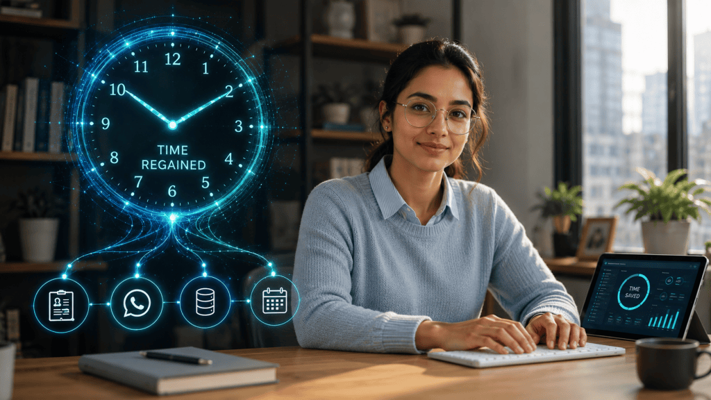 A business consultant in a sunlit office visualizing time regained through AI-assisted business automation systems.