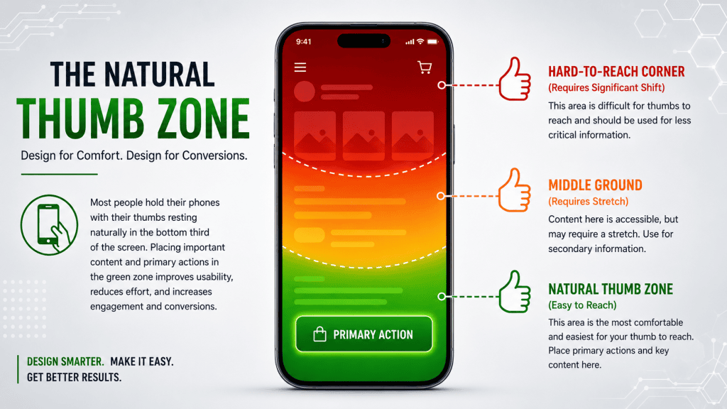 Mobile thumb zone heatmap diagram showing the natural reach area on a smartphone screen
