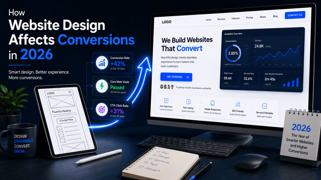 Website design conversions mockup showing desktop and mobile layouts with a prominent CTA button