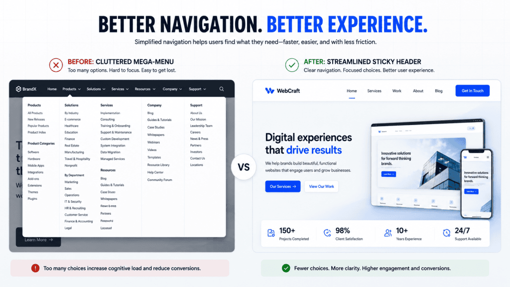 Side-by-side website navigation comparison showing a cluttered mega-menu versus a streamlined sticky header
