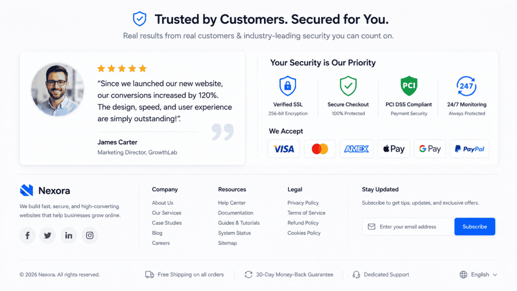 Secure website footer design featuring customer testimonials and verified SSL security badges for conversions