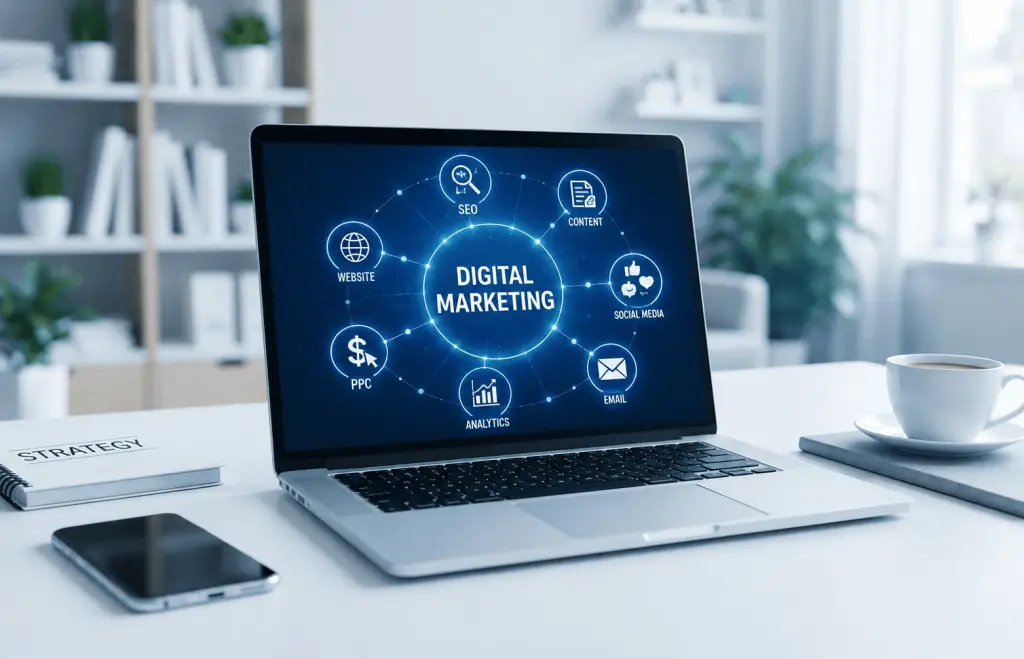 A modern laptop on a clean desk displaying a digital marketing network graphic, representing core components like SEO, PPC, and social media connectivity.