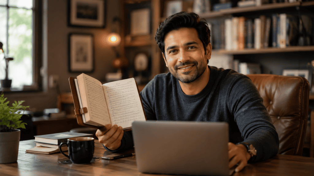 A professional working in an AI-assisted business, showing the human element of strategic planning and note-taking.