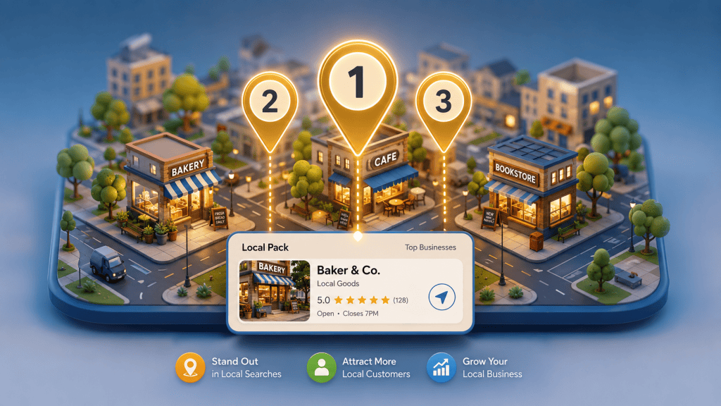 A 3D isometric map graphic illustrating top local search results, essential for visualizing local SEO for small business.