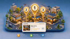 A 3D isometric map graphic illustrating top local search results, essential for visualizing local SEO for small business.