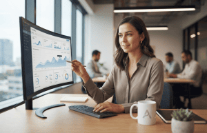 A professional working in an AI-assisted business environment, balancing automated data analytics with human strategy.