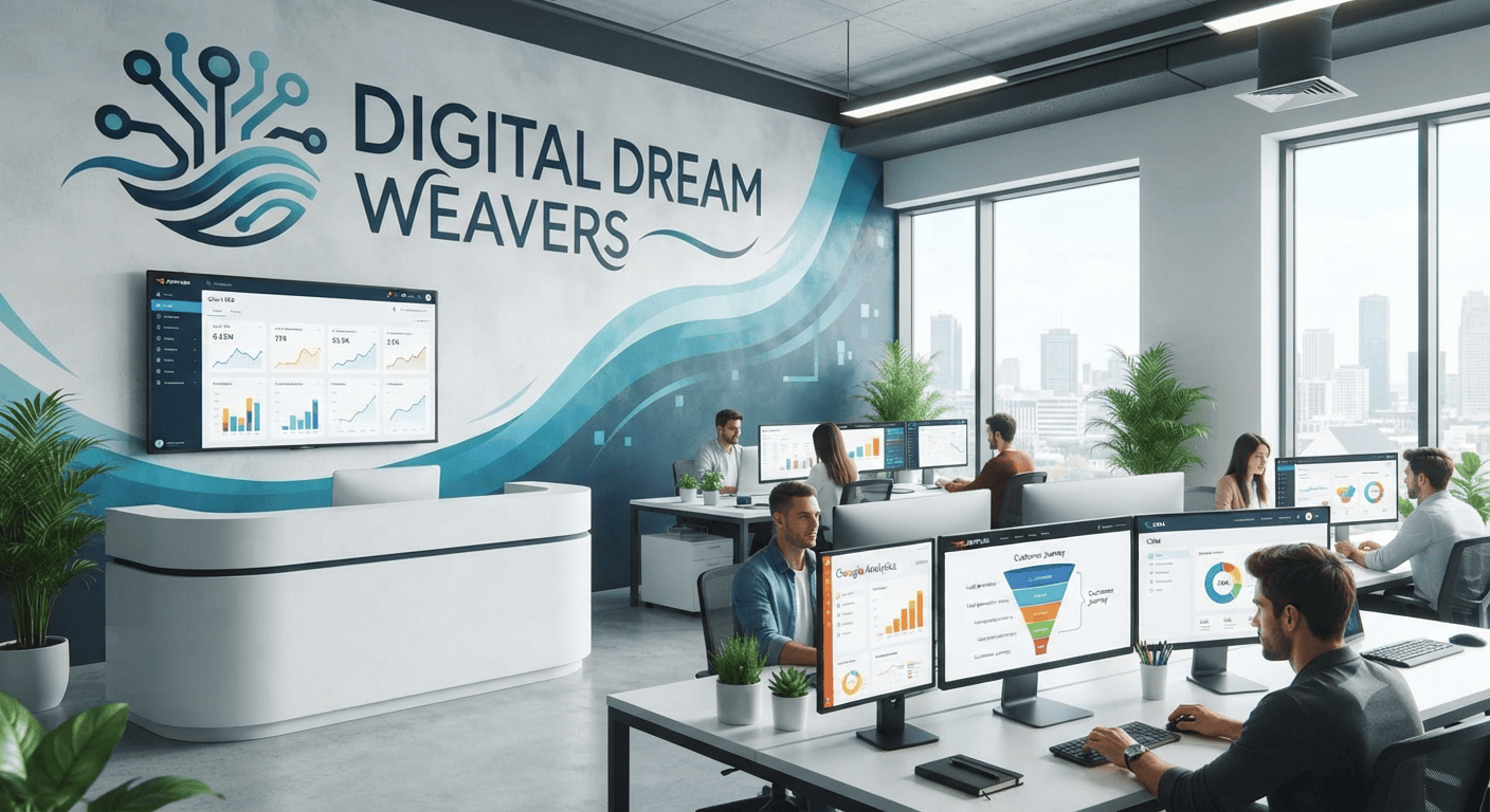 Professional team at Digital Dream Weavers working on analytics dashboards – SEO Services for performance marketing solutions.