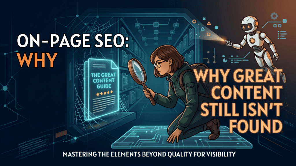 On-Page SEO guide illustration showing why great content needs proper optimization to get found