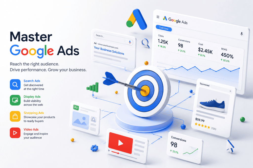 Beginner’s Guide to Google Ads: Step-by-step tutorial concept illustrating strategy, targeting, and avoiding wasted money.