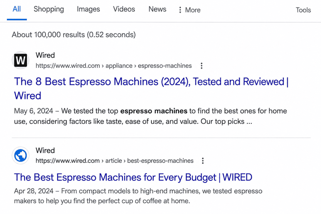 Example of an optimized title tag and meta description in Google search results.