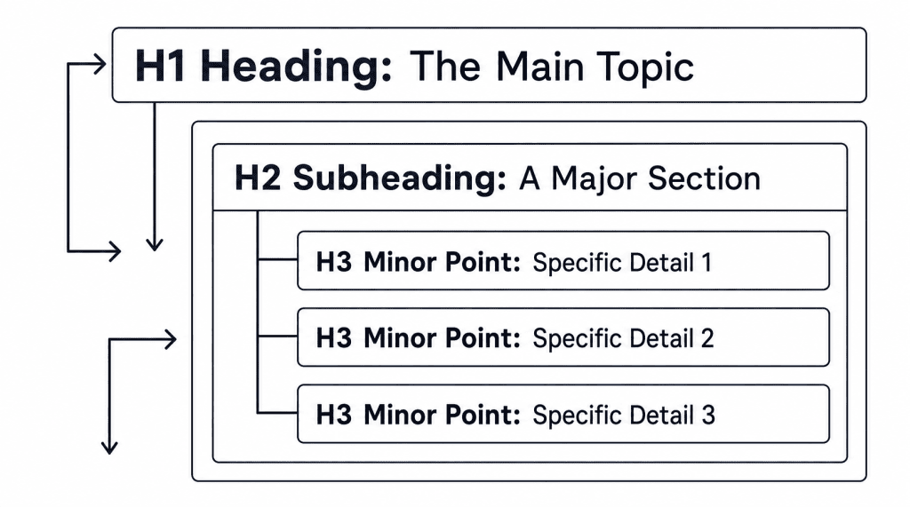 Wireframe showing proper heading structure for on-page SEO.
