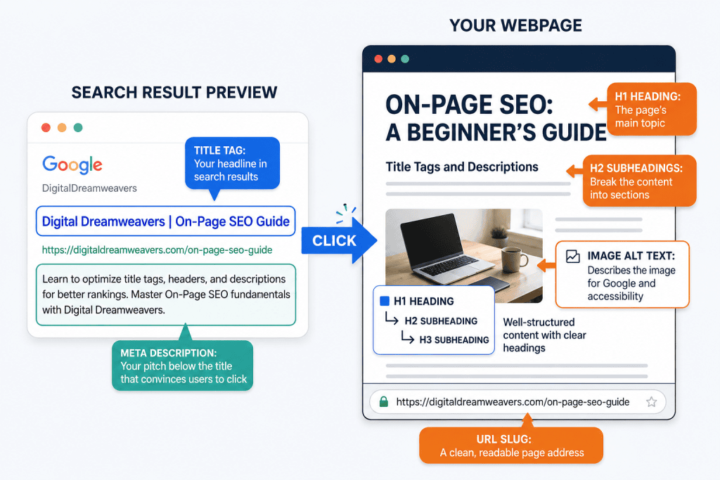 Diagram showing key on-page SEO elements on a webpage.