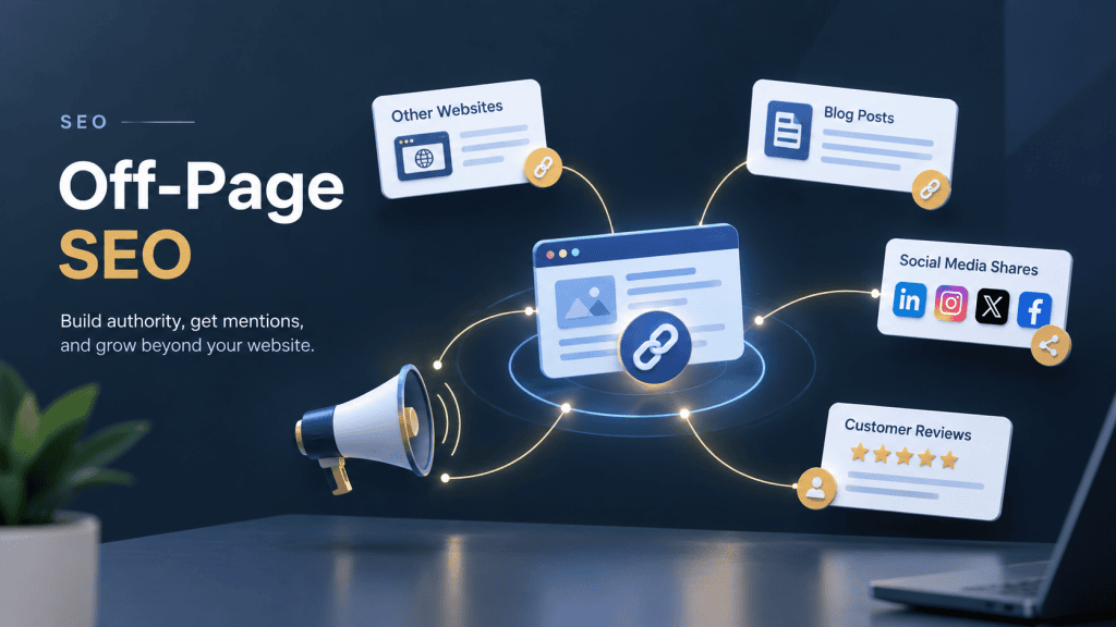 Stylized digital illustration representing off-page SEO, featuring a central megaphone node connected by glowing data threads to website, review, and social media icons.
