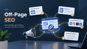 Stylized digital illustration representing off-page SEO, featuring a central megaphone node connected by glowing data threads to website, review, and social media icons.