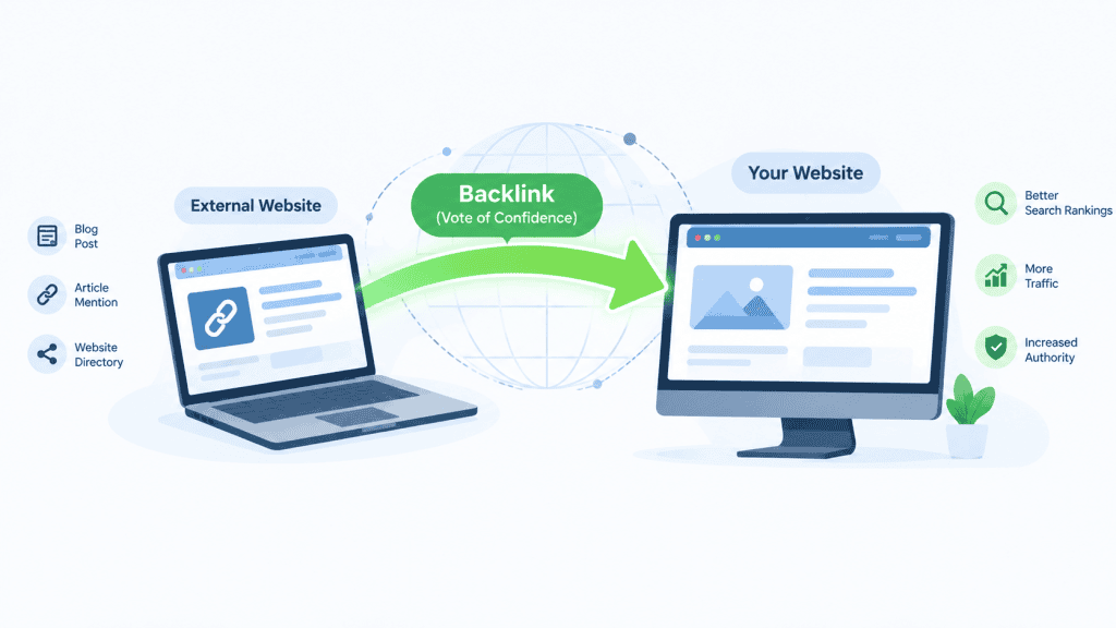 Conceptual illustration showing a backlink as a vote of confidence pointing from an external website to your website.