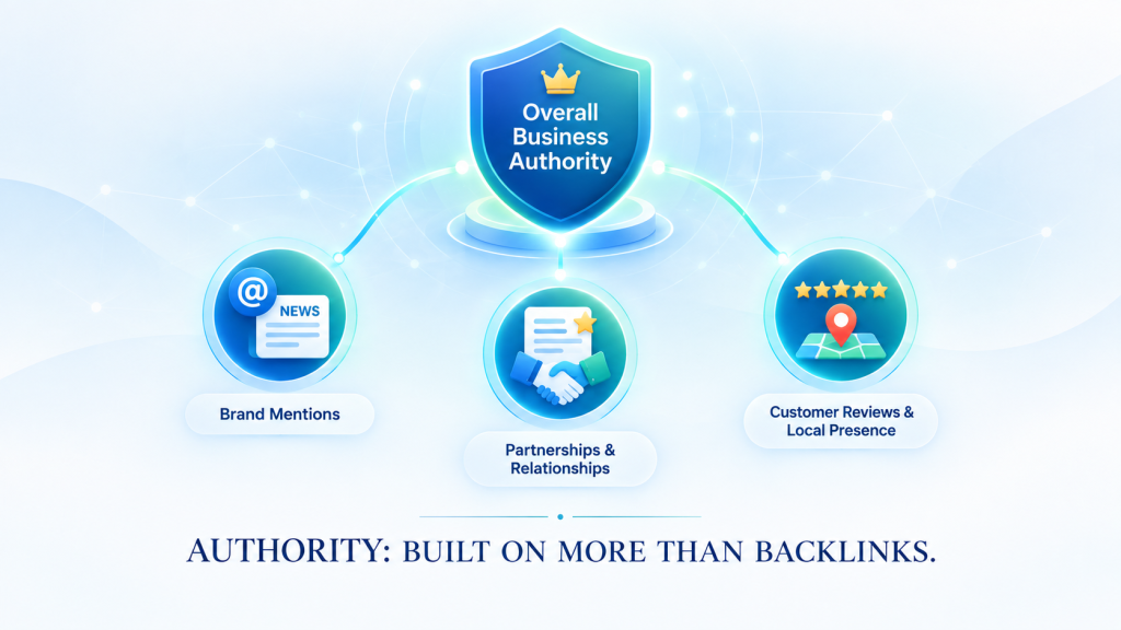 Conceptual diagram illustrating Overall Business Authority supported by Brand Mentions, Partnerships, Customer Reviews, and Local Presence.
